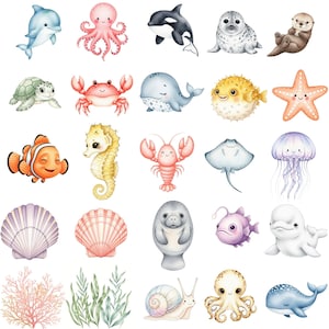 Hand-painted under the sea animals PNG for nursery decor and baby shower invitations