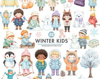 Winter Kids Clipart, Cute Winter Animals PNG, Watercolor Snowman, Penguin Polar Bear, Ice Skating, Nursery Art, Commercial Use, Kids PNG Set