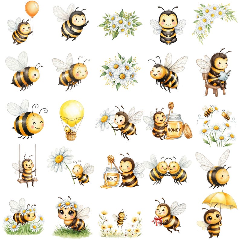 Adorable baby bee clipart bundle with watercolor style perfect for invitations and baby shower decor