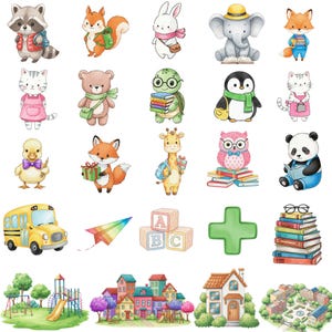 Kawaii school clipart with adorable books, pencils, and backpacks in soft pastel tones, perfect for digital scrapbooking or teaching resources.