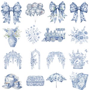 Blue vintage toile baby clipart with watercolor teddy bears, soft florals, baby blocks, and toys for nursery wall art and baby shower decor