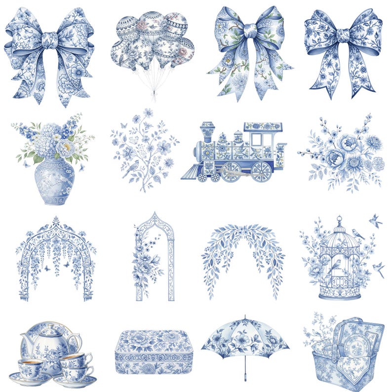 Blue vintage toile baby clipart with watercolor teddy bears, soft florals, baby blocks, and toys for nursery wall art and baby shower decor