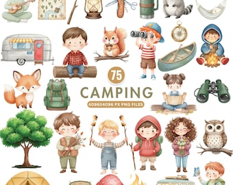 Niedliches Camping Clipart, Kinder Camping PNG, Aquarell Waldbär und Fuchs PNG, Waldlager Clip Art, Zelt Lagerfeuer PNGs, Baby Dusche Clipart
