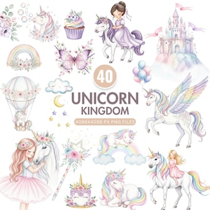 Regenbogen Einhorn Clipart, süßes Einhorn PNG, Einhorn Königreich Aquarell Kunst, Mädchen Geburtstag, Babyparty, Sublimation, Prinzessin Kinderzimmer Dekor