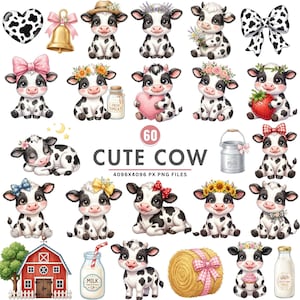 May include: A digital collection of 60 cow illustrations featuring black and white calves with various accessories like bows, flower crowns, and hats. Includes a red barn, milk bottles, a hay bale, a bell, and a heart. Text reads 60 CUTE COW.