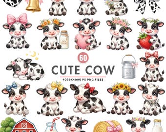 以下が含まれることがあります： 60種類の牛のイラストコレクション。黒と白の子牛がリボン、花冠、帽子などのアクセサリーを身につけています。赤い納屋、牛乳瓶、干し草の俵、鐘、ハートが含まれています。テキストは60 CUTE COWと書かれています。