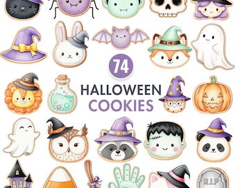 ハロウィンクッキークリップアート、かわいいハロウィンPNG、水彩シュガークッキー、ハロウィンデザート、シュガークッキークリップアート、クリップアート商用利用可