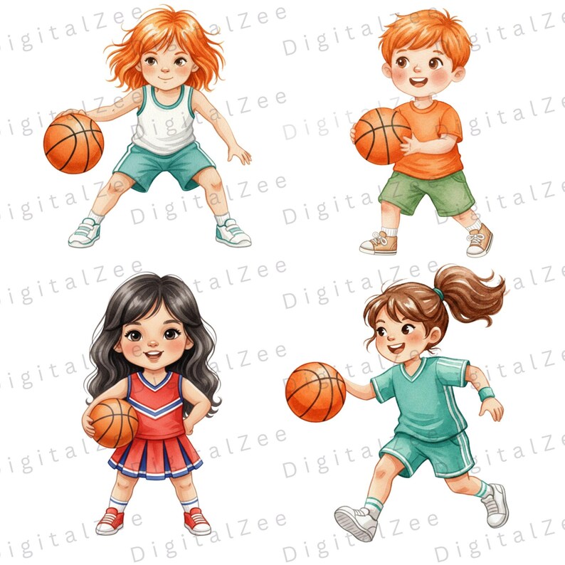 Basketball Kids Clipart, Watercolor Basketball PNG, Sports Clipart Set ...