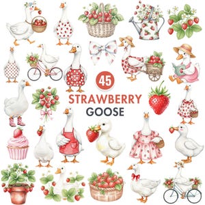 Strawberry Goose Clipart, Girly Goose PNG, Coquette Aesthetic, Cottagecore Goose, Watercolor Clipart Set, Baby Shower Png, Transparent PNG