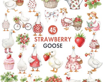 Strawberry Goose Clipart, Girly Goose PNG, Coquette Aesthetic, Cottagecore Goose, Watercolor Clipart Set, Baby Shower Png, Transparent PNG
