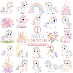 Clipart Licorne pastel, mignon licorne arc-en-ciel PNG, lot de licorne magique aquarelle, Art de fête d'anniversaire fille, décoration de chambre d'enfant, usage Commercial