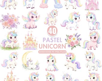 Pastel Unicorn Clipart, Cute Rainbow Unicorn PNG, Watercolor Magical Unicorn Bundle, Girl Birthday Party Art, Nursery Decor, Commercial Use