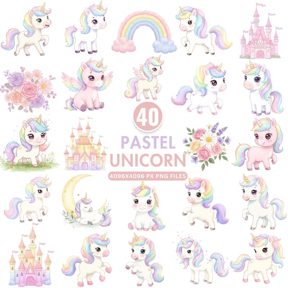 Pastel Unicorn Clipart, Cute Rainbow Unicorn PNG, Watercolor Magical Unicorn Bundle, Girl Birthday Party Art, Nursery Decor, Commercial Use