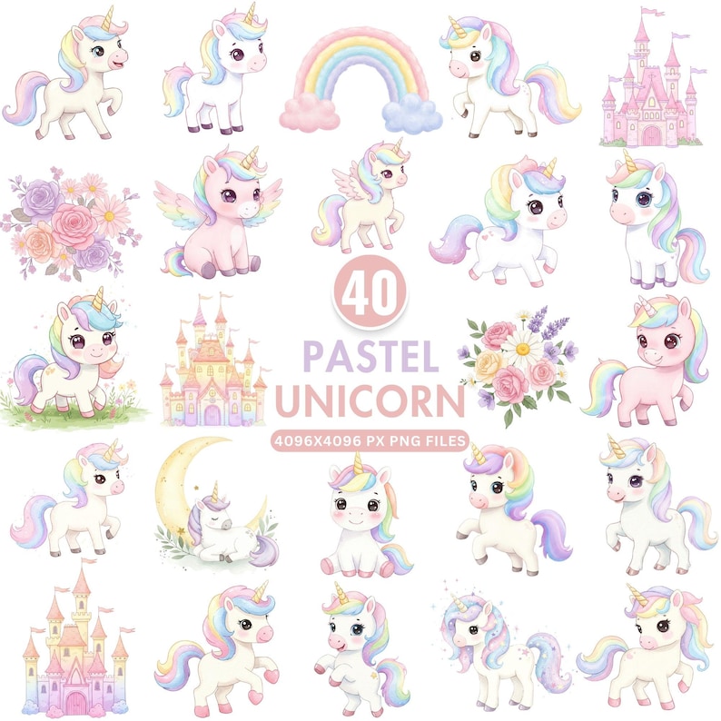 Watercolor pastel unicorn clipart set featuring cute rainbow unicorns with magical elements, designed in soft pink, purple, and blue tones. Perfect for girl birthday party invitations, nursery wall art, baby shower decorations, and kids' crafts. Includes high-resolution PNG files with transparent backgrounds for easy use in commercial and personal projects.