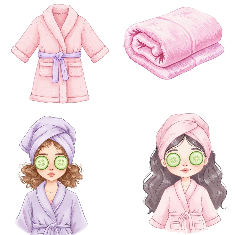 Spa-themed watercolor PNG graphics for commercial use, including beauty tools and pampering scenes.