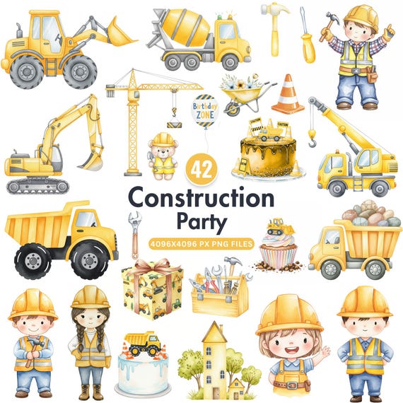 Kids Construction Clipart, Construction Party, Baby Boy Truck PNG, Watercolor Dump Truck, Excavator, Nursery Decor, Birthday Party Clipart