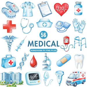 Watercolor Medical Clipart, Doctor Nurse Hospital Illustrations, Healthcare PNG Elements, Medicine Graphics, Stethoscope Art, Commercial Use