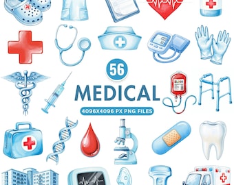 Watercolor Medical Clipart, Doctor Nurse Hospital Illustrations, Healthcare PNG Elements, Medicine Graphics, Stethoscope Art, Commercial Use