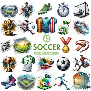 Watercolor Soccer Clipart, Football Player PNG, Soccer Ball Clipart, Boys Soccer PNG, Sports Sublimation, Digital Download, Commercial Use
