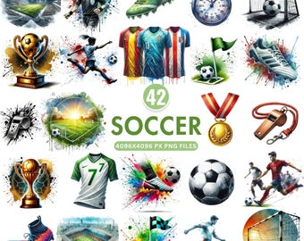 Watercolor Soccer Clipart, Football Player PNG, Soccer Ball Clipart, Boys Soccer PNG, Sports Sublimation, Digital Download, Commercial Use
