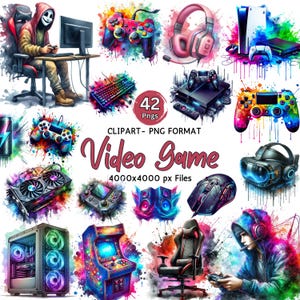 Aquarell Videospiel Clipart Bundle Gaming Illustrationen Game Controller Clipart PNG Gamer Grafiken Sofortiger Download Kommerzielle Nutzung