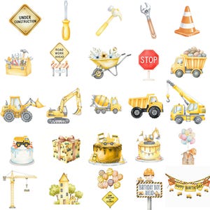 Adorable construction-themed PNGs with dump trucks and cranes, ideal for kids birthday party decor and baby shower invitations