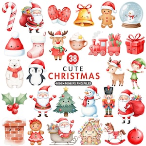 Può includere: Una collezione di 38 simpatiche illustrazioni a tema natalizio. L'immagine presenta Babbo Natale, renne, pupazzi di neve, omini di pan di zenzero e altri elementi festivi in stile acquerello. È incluso anche il testo "Cute Christmas".