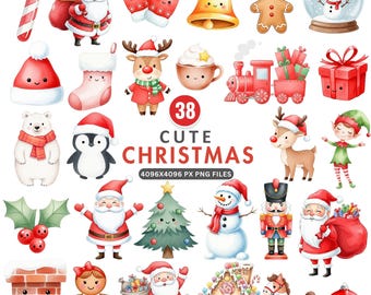 May include: A collection of 38 cute Christmas-themed illustrations. The image features Santa Claus, reindeer, snowmen, gingerbread people, and other festive elements in a watercolor style. The text "Cute Christmas" is also included.