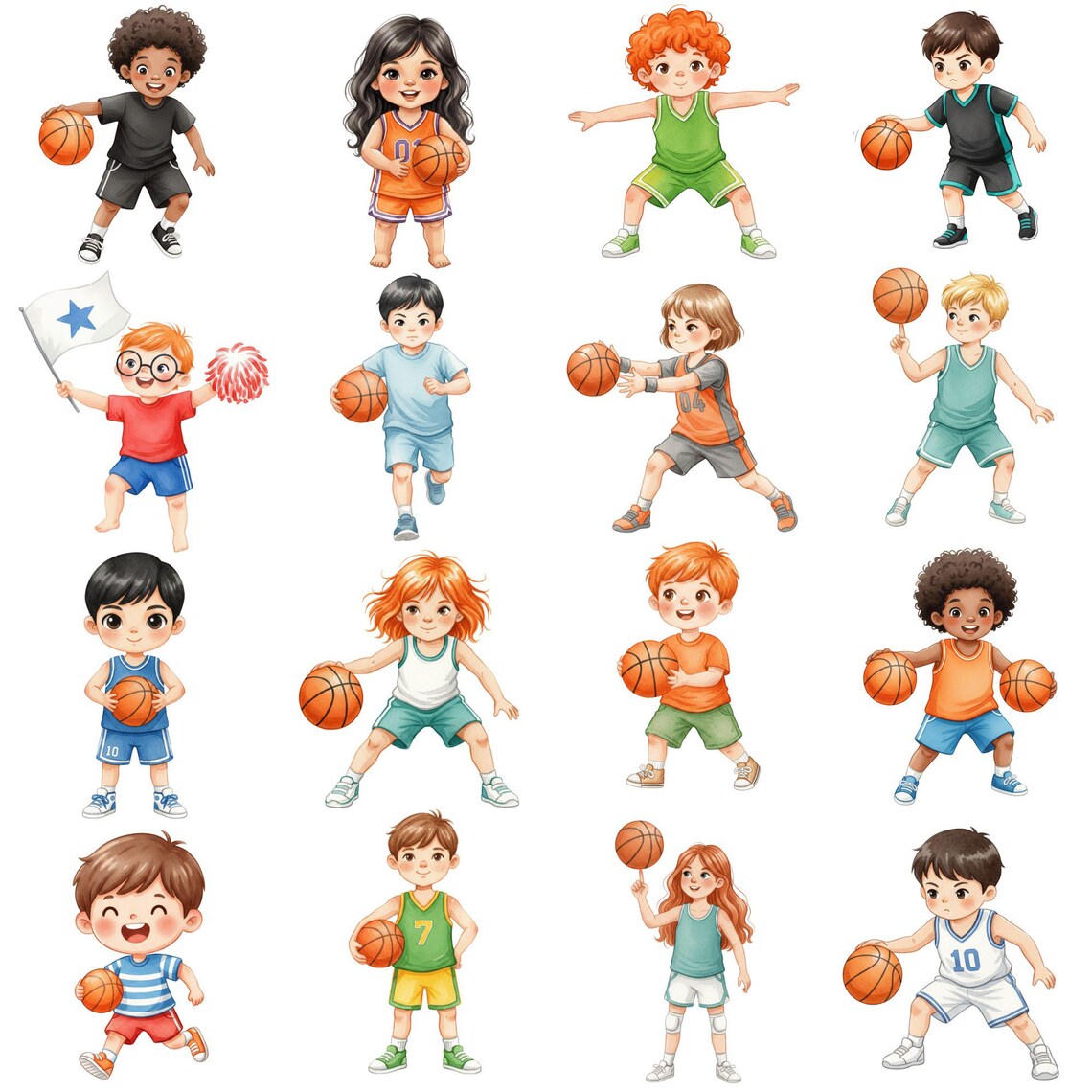 Basketball Kids Clipart, Watercolor Basketball PNG, Sports Clipart Set ...
