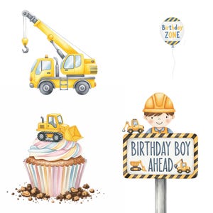 Pastel construction clipart set with excavators and trucks designed for baby decor, printable art, and birthday invitations