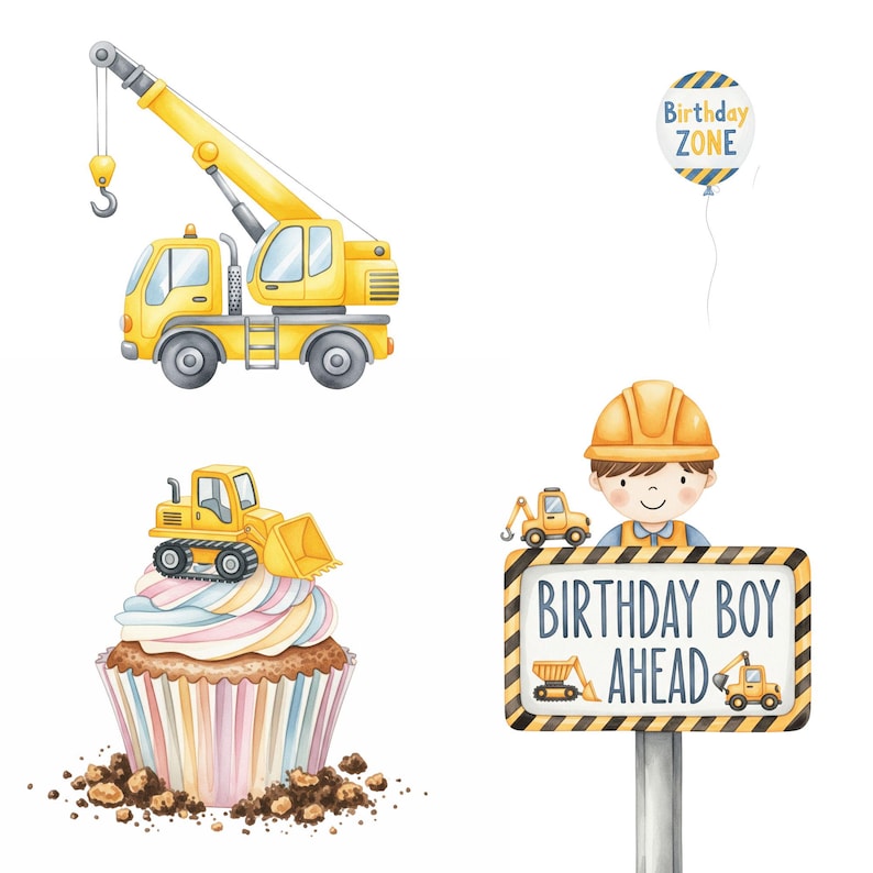 Pastel construction clipart set with excavators and trucks designed for baby decor, printable art, and birthday invitations