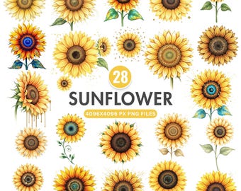 Watercolor Sunflower Clipart Bundle, Floral Wreath PNG, Boho Bouquet PNG, Fall Flower Clipart, Sunflower PNG, Junk Journal, Commercial Use
