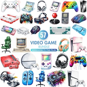 Clipart aquarelle de jeu vidéo, contrôleur de jeu PNG, art de la sublimation pour joueur, graphismes drôles pour le jour du match, éléments d'arcade, usage Commercial PNG