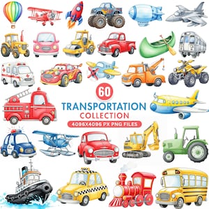 Cute Transportation Clipart, Cartoon Vehicle PNG, Kids Car Png, Boy Nursery Decor, Truck PNG, Train Clipart, Plane Clipart, Commercial Use