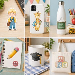 May include: A collection of school-themed items, including a sticker of a boy, a phone case with a giraffe, a water bottle with a chalkboard sign, a notebook with a pencil, a mug with a graduation cap, and a tote bag with ABC blocks.