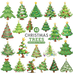 May include: A selection of 20 illustrated Christmas trees in diverse styles. The trees are green with colourful decorations, ribbons, and star toppers. The image includes the text "43 Christmas Trees" and the file size.