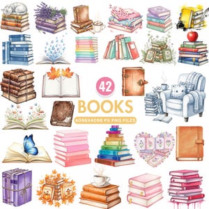 Watercolor Books Clipart, Cute Book Png, Stack of Books Png, Reading PNG,  Floral Book Clipart, Book Lover, Nursery Wall Art, Commercial Use