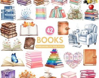 Watercolor Books Clipart, Cute Book Png, Stack of Books Png, Reading PNG,  Floral Book Clipart, Book Lover, Nursery Wall Art, Commercial Use