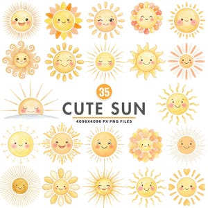 Op de afbeelding: Een verzameling van 35 digitale illustraties van zonnen met diverse gezichtsuitdrukkingen, met gele en oranje aquarel-stijl ontwerpen met uiteenlopende stralenvormen, inclusief de tekst 35 CUTE SUN 4096X4096 PX PNG FILES.