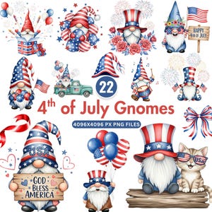 Gnome patriotique Clipart PNG, aquarelle gnomes du 4 juillet, Memorial Day, jour des anciens combattants, sublimation de la fête de l'indépendance des États-Unis, usage Commercial