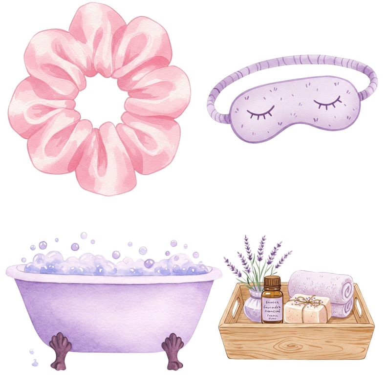Self care and wellness clipart set in a soft watercolor style for planners, journals, and invites.