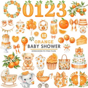 Pode incluir: Uma coleção de ilustrações em aquarela com o tema de um chá de bebê laranja. Inclui decorações laranja, um ursinho de pelúcia, um carrinho de bebê, um bolo e o texto "Orange Baby Shower".