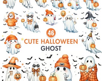 Cute Ghost Clipart, Watercolor Halloween Ghost PNG, Cute Halloween Clipart, Kawaii Halloween PNG, Spooky Clipart, Kids Halloween, Ghost Png
