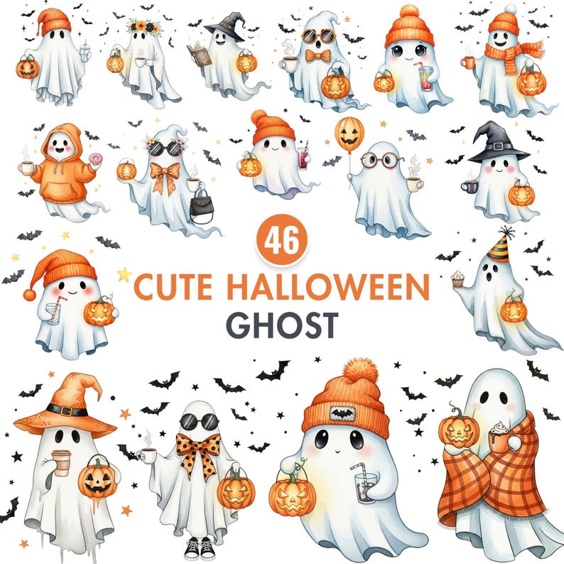 Watercolor cute ghost clipart bundle with hand-painted kawaii ghosts, pumpkins, and spooky Halloween PNGs for crafts and sublimation projects.