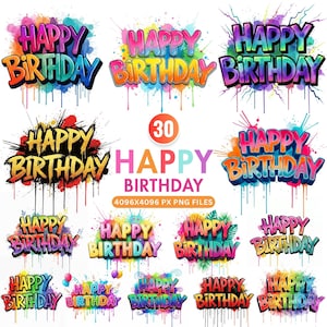 Clipart de feliz cumpleaños, clipart de feliz cumpleaños en acuarela, texto de cumpleaños con grafiti, invitación de cumpleaños PNG, decoración de fiesta, descarga digital