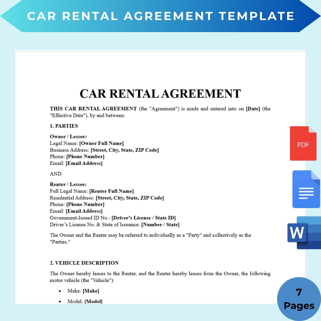 Editable Car Rental Agreement Template, Auto Rental Contract, Printable ...