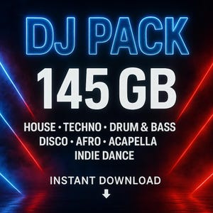 Puede incluir: Gráfico digital de un paquete de DJ con las palabras "DJ PACK" en letras de neón azul brillante. El número "145 GB" está en fuente blanca grande. Los géneros musicales incluyen House, Techno, Drum & Bass, Disco, Afro, Acapella e Indie Dance. Las palabras "DESCARGA INSTANTÁNEA" están en la parte inferior.
