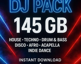 May include: A digital DJ pack graphic with the words "DJ PACK" in bright blue neon lettering. The number "145 GB" is in large white font. Below are music genres: House, Techno, Drum & Bass, Disco, Afro, Acapella, and Indie Dance. The words "INSTANT DOWNLOAD" are at the bottom.