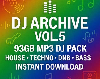 May include: A vibrant graphic promoting a DJ archive, with the text "DJ ARCHIVE VOL.5" in white. The image includes musical notes, a vinyl record, and the text "93GB MP3 DJ PACK HOUSE • TECHNO • DNB • BASS INSTANT DOWNLOAD" on a rainbow gradient background.