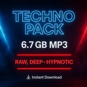 Könnte beinhalten: Digitale Werbeanzeige mit dunkelblauem Hintergrund und neonblauen und roten Akzenten. Der Text "TECHNO PACK" ist prominent dargestellt, zusammen mit "6,7 GB MP3". Darunter steht "RAW, DEEP • HYPNOTIC" und "Sofort-Download".